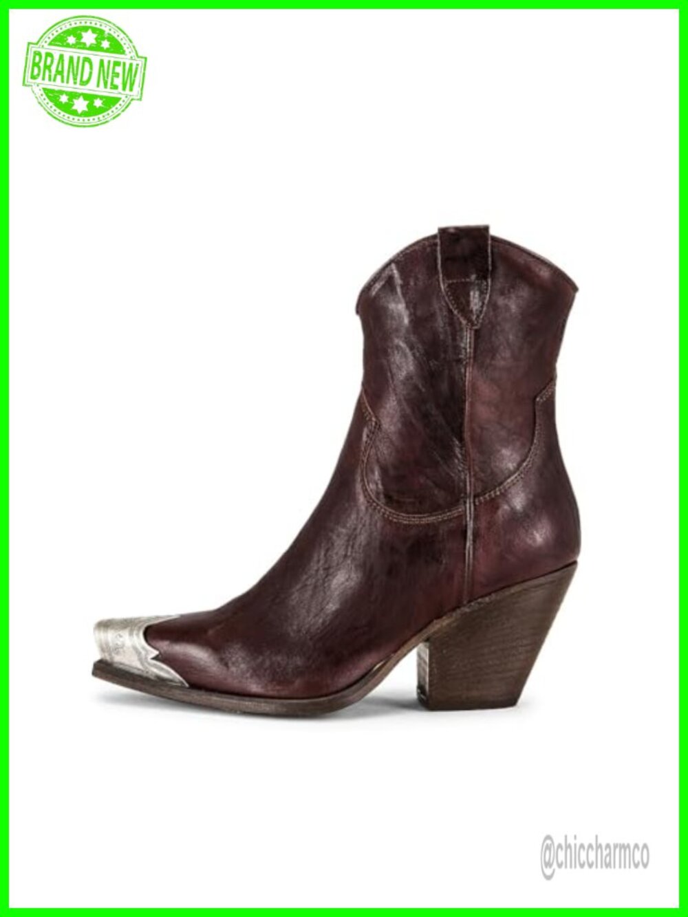 Western Ankle Boots Metal Toe Stacked Block Heel Snip Toe Side Zip Faux Leather